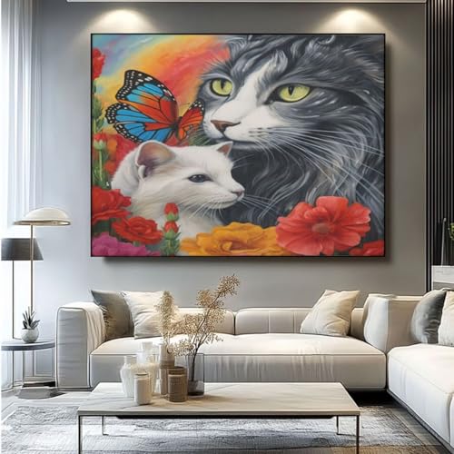 5D Diamond Painting Katze Schmetterling Diamant Painting Bilder, DIY Rundbohrer Diamond Art Diamond Painting, Basteln Erwachsene Diamant Kunst Malerei Stickerei Set, Home Wand Decor 100x85 cm -yz44 von Washifa