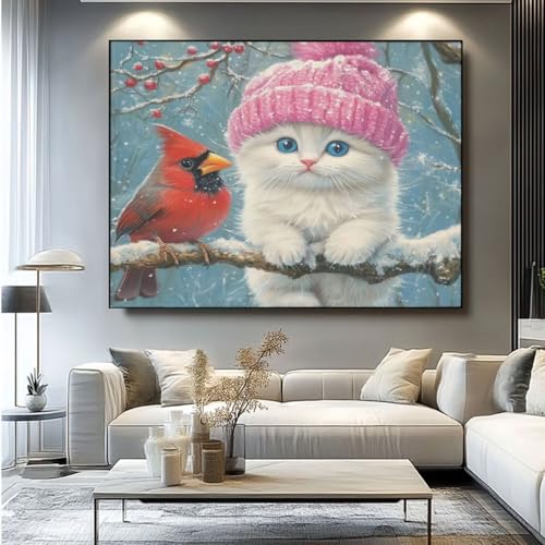 5D Diamond Painting Katze Weihnachten Diamant Painting Bilder, DIY Rundbohrer Diamond Art Diamond Painting, Basteln Erwachsene Diamant Kunst Malerei Stickerei Set, Home Wand Decor 50x35 cm -yz484 von Washifa