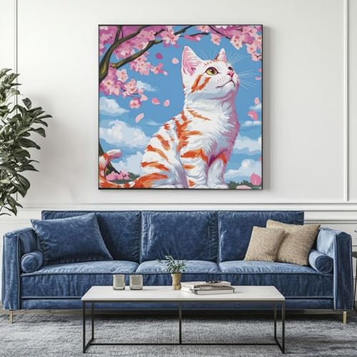 5D Diamond Painting Kirschblüte Katze Diamant Painting Bilder, DIY Rundbohrer Diamond Art Diamond Painting, Basteln Erwachsene Diamant Kunst Malerei Stickerei Set, Home Wand Decor 95x95 cm -yz328 von Washifa