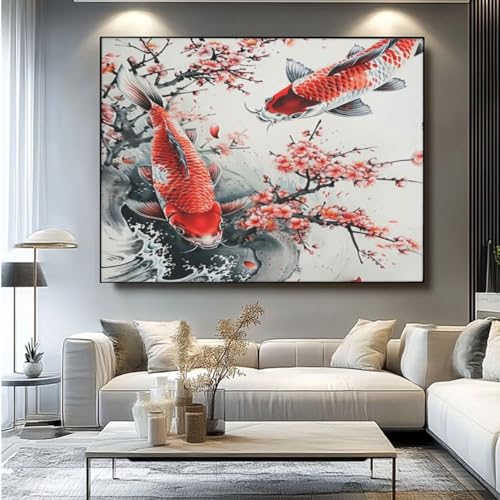 5D Diamond Painting Koi Tuschemalerei Diamant Painting Bilder, DIY Rundbohrer Diamond Art Diamond Painting, Basteln Erwachsene Diamant Kunst Malerei Stickerei Set, Home Wand Decor 90x75 cm -yz89 von Washifa