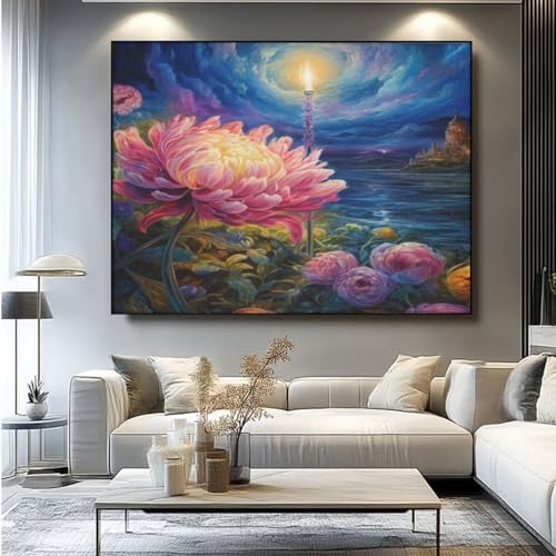 5D Diamond Painting Leuchtturm Blume Diamant Painting Bilder, DIY Rundbohrer Diamond Art Diamond Painting Zubehör, Basteln Erwachsene Diamant Kunst Malerei Stickerei, Home Wand Decor 60x45 cm -yz40 von Washifa