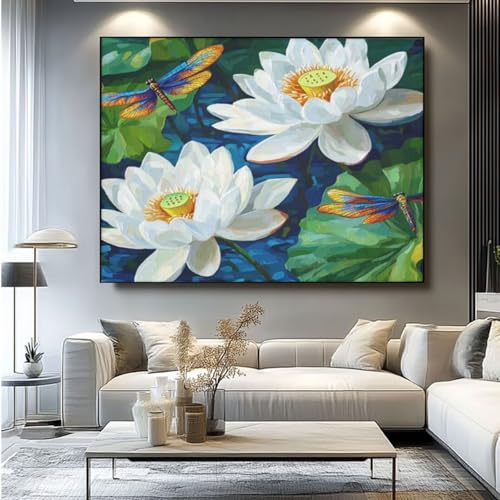 5D Diamond Painting Lotus Libelle Diamant Painting Bilder, DIY Rundbohrer Diamond Art Diamond Painting Zubehör, Basteln Erwachsene Diamant Kunst Malerei Stickerei Set, Home Wand Decor 60x45 cm -yz303 von Washifa