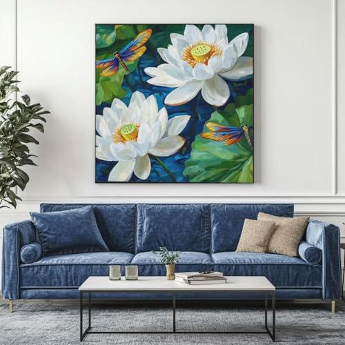 5D Diamond Painting Lotus Libelle Diamant Painting Bilder, DIY Rundbohrer Diamond Art Diamond Painting Zubehör, Basteln Erwachsene Diamant Kunst Malerei Stickerei Set, Home Wand Decor 95x95 cm -yz303 von Washifa