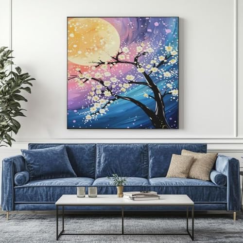 5D Diamond Painting Mond Baum Diamant Painting Bilder, DIY Rundbohrer Diamond Art Diamond Painting Zubehör, Basteln Erwachsene Diamant Kunst Malerei Stickerei Set, Home Wand Decor 35x35 cm -yz154 von Washifa