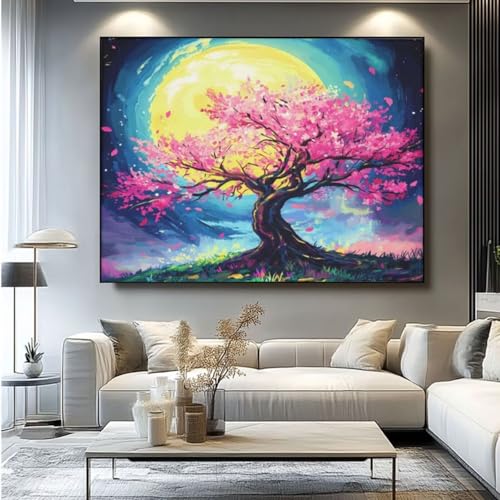 5D Diamond Painting Mond Baum Diamant Painting Bilder, DIY Rundbohrer Diamond Art Diamond Painting Zubehör, Basteln Erwachsene Diamant Kunst Malerei Stickerei Set, Home Wand Decor 60x45 cm -yz391 von Washifa