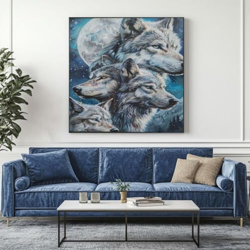 5D Diamond Painting Mond Wolf Diamant Painting Bilder, DIY Rundbohrer Diamond Art Diamond Painting Zubehör, Basteln Erwachsene Diamant Kunst Malerei Stickerei Set, Home Wand Decor 55x55 cm -yz241 von Washifa