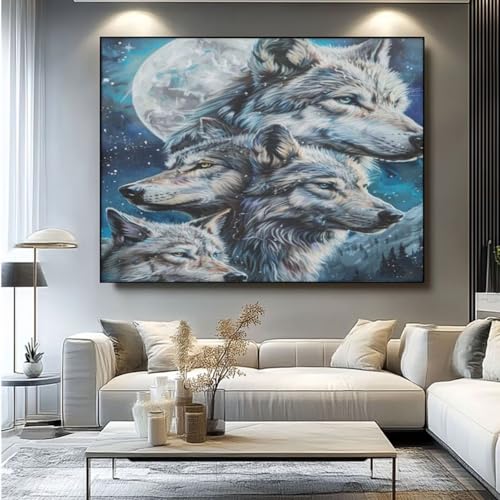 5D Diamond Painting Mond Wolf Diamant Painting Bilder, DIY Rundbohrer Diamond Art Diamond Painting Zubehör, Basteln Erwachsene Diamant Kunst Malerei Stickerei Set, Home Wand Decor 90x75 cm -yz241 von Washifa