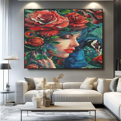 5D Diamond Painting Pfau Frau Diamant Painting Bilder, DIY Rundbohrer Diamond Art Diamond Painting Zubehör, Basteln Erwachsene Diamant Kunst Malerei Stickerei Set, Home Wand Decor 110x95 cm -yz108 von Washifa