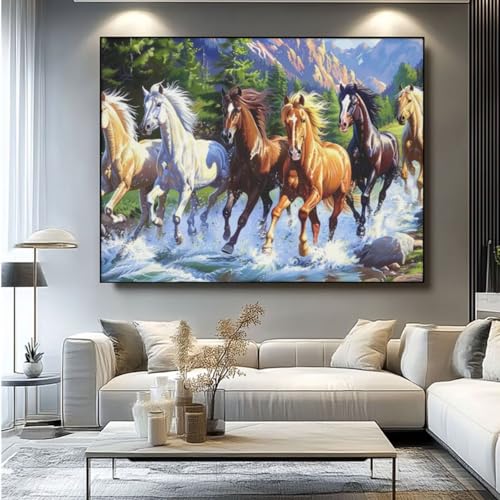 5D Diamond Painting Pferd Fluss Diamant Painting Bilder, DIY Rundbohrer Diamond Art Diamond Painting Zubehör, Basteln Erwachsene Diamant Kunst Malerei Stickerei Set, Home Wand Decor 100x85 cm -yz180 von Washifa