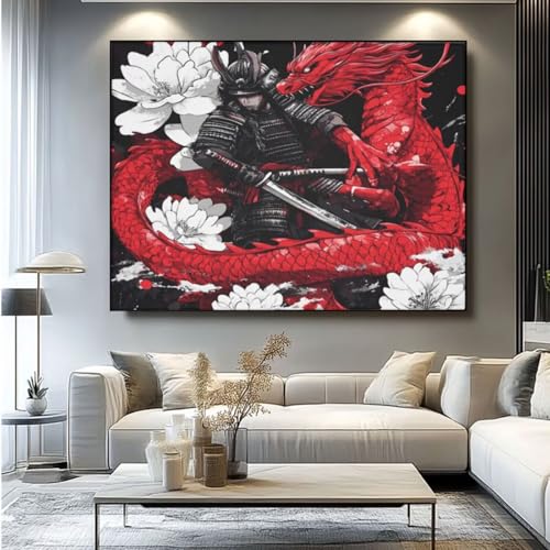 5D Diamond Painting Samurai Drache Diamant Painting Bilder, DIY Rundbohrer Diamond Art Diamond Painting Zubehör, Basteln Erwachsene Diamant Kunst Malerei Stickerei Set, Home Wand Decor 50x35 cm -yz411 von Washifa