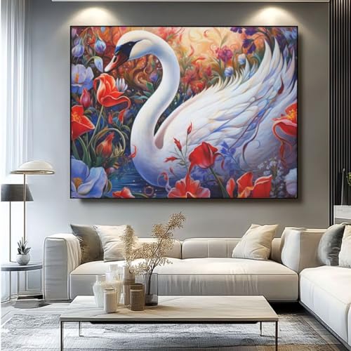 5D Diamond Painting Schwan Blume Diamant Painting Bilder, DIY Rundbohrer Diamond Art Diamond Painting Zubehör, Basteln Erwachsene Diamant Kunst Malerei Stickerei Set, Home Wand Decor 70x55 cm -yz46 von Washifa