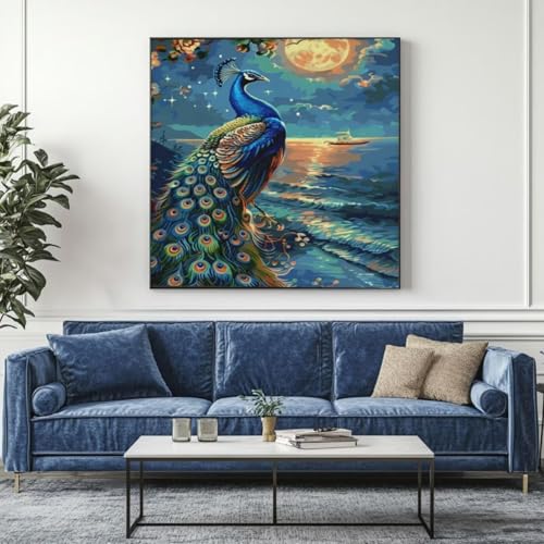 5D Diamond Painting Strand Pfau Diamant Painting Bilder, DIY Rundbohrer Diamond Art Diamond Painting Zubehör, Basteln Erwachsene Diamant Kunst Malerei Stickerei Set, Home Wand Decor 95x95 cm -yz496 von Washifa