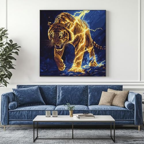 5D Diamond Painting Tiger Blitz Diamant Painting Bilder, DIY Rundbohrer Diamond Art Diamond Painting Zubehör, Basteln Erwachsene Diamant Kunst Malerei Stickerei Set, Home Wand Decor 95x95 cm -yz356 von Washifa