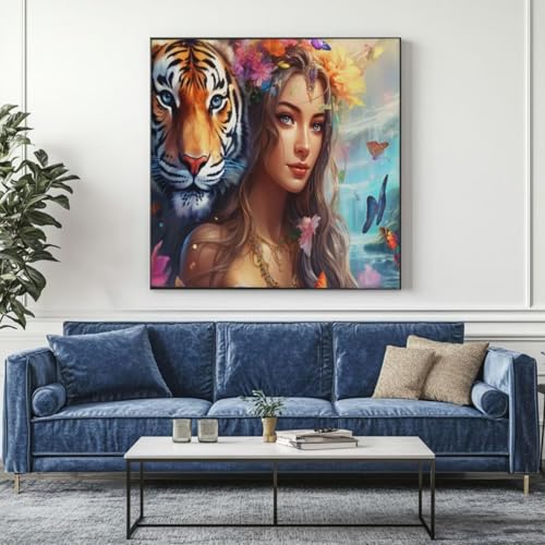 5D Diamond Painting Tiger Frau Diamant Painting Bilder, DIY Rundbohrer Diamond Art Diamond Painting Zubehör, Basteln Erwachsene Diamant Kunst Malerei Stickerei Set, Home Wand Decor 35x35 cm -yz168 von Washifa