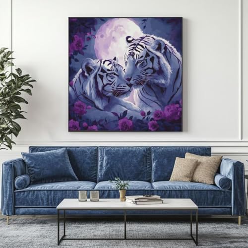 5D Diamond Painting Tiger Mond Diamant Painting Bilder, DIY Rundbohrer Diamond Art Diamond Painting Zubehör, Basteln Erwachsene Diamant Kunst Malerei Stickerei Set, Home Wand Decor 95x95 cm -yz373 von Washifa