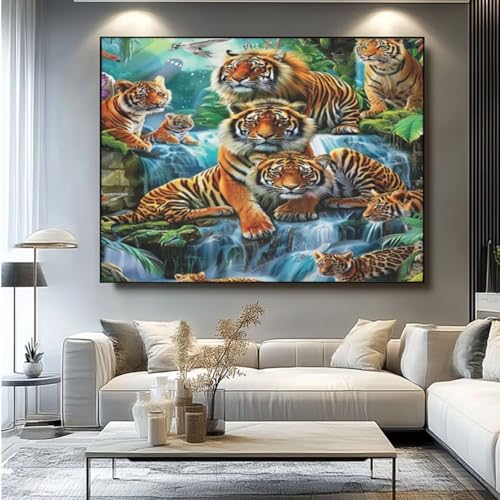 5D Diamond Painting Tiger Wald Diamant Painting Bilder, DIY Rundbohrer Diamond Art Diamond Painting Zubehör, Basteln Erwachsene Diamant Kunst Malerei Stickerei Set, Home Wand Decor 90x75 cm -yz235 von Washifa