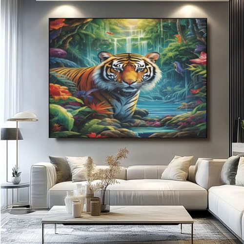 5D Diamond Painting Tiger Wasserfall Diamant Painting Bilder, DIY Rundbohrer Diamond Art Diamond Painting, Basteln Erwachsene Diamant Kunst Malerei Stickerei Set, Home Wand Decor 90x75 cm -yz202 von Washifa