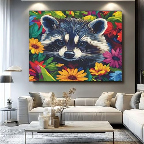 5D Diamond Painting Waschbär Blume Diamant Painting Bilder, DIY Rundbohrer Diamond Art Diamond Painting Zubehör, Basteln Erwachsene Diamant Kunst Malerei Stickerei Set, Home Wand Decor 50x35 cm -yz319 von Washifa