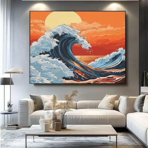 5D Diamond Painting Wellen Sonnenuntergang Diamant Painting Bilder, DIY Rundbohrer Diamond Painting Zubehör, Basteln Erwachsene Diamant Kunst Malerei Stickerei Set, Home Wand Decor 60x45 cm -yz420 von Washifa