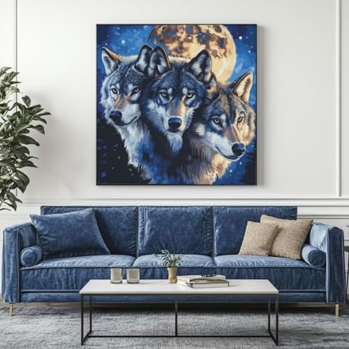 5D Diamond Painting Wolf Mond Diamant Painting Bilder, DIY Rundbohrer Diamond Art Diamond Painting Zubehör, Basteln Erwachsene Diamant Kunst Malerei Stickerei Set, Home Wand Decor 95x95 cm -yz455 von Washifa