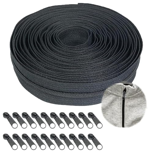 20m Endlos Reissverschluss mit 20 Stück Zipper Reissverschluss Meterware Reißverschluss Zipper Nylon Reißverschlüsse 2.5cm Reissverschluss Reisverschluss für Kleidung Taschen Kissen Laken (Schwarz) von WatDenyFine