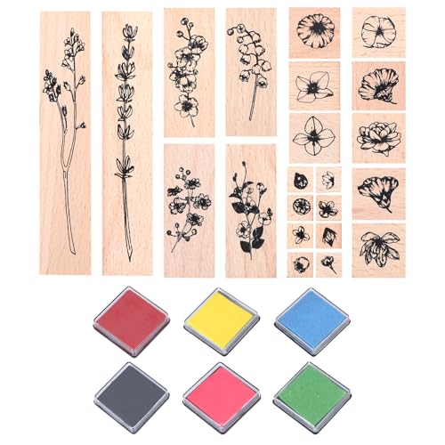 22 Stück Stempel Blumen Holzstempel Set Motivstempel mit 6 Stück Stempelkissen Stempel Selbst Gestalten Personalisierter Stempel Blumen Gras Stempel Set für DIY Handgefertigtes Kunsthandwerk Stempel von WatDenyFine