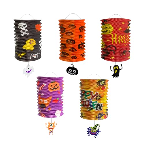 5 Stück Halloween Laterne Outdoor HäNgende Papierlaternen Faltbar Laterne Halloween Tragbar Halloween Accessoires Laternen Set für Halloween Partydekoration Halloween Outdoor AktivitäTen von WatDenyFine