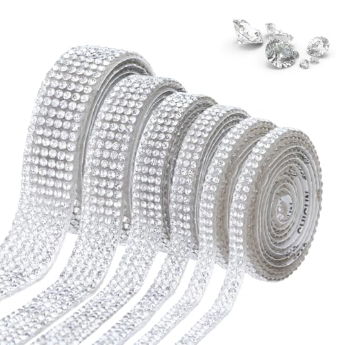 6 Rollen Strassband Selbstklebend 5 Größen Strasssteine Selbstklebend Glitzerband Rhinestone Glue Glitzerband Selbstklebend Silber für DIY Basteln Dekorieren Geschenkverpackung 1 Yard Lang Jede Rolle von WatDenyFine