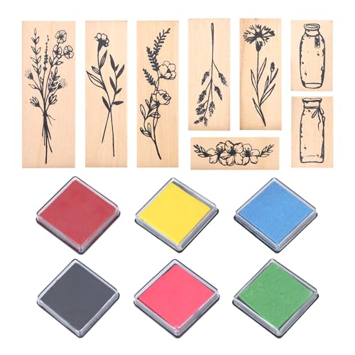 8 Stück Holzstempel Set Stempel Blumen Stempelset mit 6 Stück Stempelkissen Stempel Selbst Gestalten Personalisierter Stempel Blumen Gras Stempel Set für DIY Handgefertigtes Kunsthandwerk und Stempel von WatDenyFine