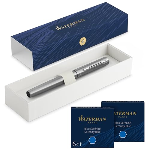 Waterman Allure Füller | Edelstahl | Füllfederhalter Feine Spitze | mit 12 kurzen blauen Tintenpatronen | Geschenkbox von Waterman