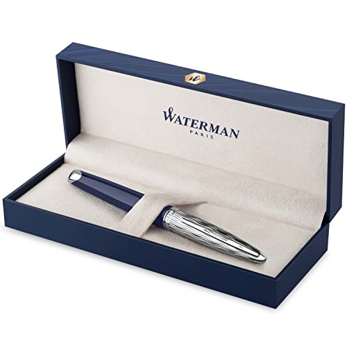 Waterman Carène Füller | Metall und blaue Lackierung | ziselierte Kappe | mittlere Feder aus 18-Karat-Gold | blaue Tinte | Geschenkbox von Waterman