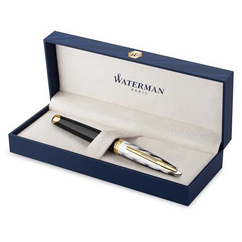 Waterman Carene Füller | Metall und schwarzer Lack mit goldenen Zierteilen, ziselisierte Kappe | Füllfederhalter mit mittlerer 18 kt Goldfeder | Geschenkbox von Waterman