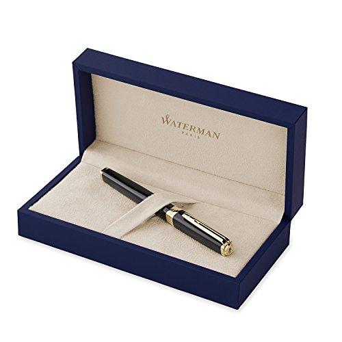 Waterman Exception Füller (Modell „Slim“) | schwarz mit Clip aus 23-karätigem Gold | Füllfederhalter mit mittlerer Feder und blauer Tinte | Geschenkbox von Waterman