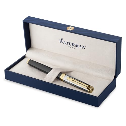 Waterman Exception Füller | Metall und schwarzer Lack mit goldenen Zierteilen, ziselisierte Kappe | Füllfederhalter mit mittlerer 18 kt Goldfeder | Geschenkbox von Waterman