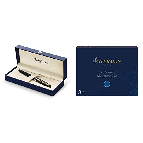 Waterman Expert Füller | Hochglänzend Schwarz mit Zierteile aus 23 K Gold | Füllfederhalter Mittlere Spitze | Geschenkbox & Tintenpatrone Standard Packung mit 8 Stück Mysterious, blau von Waterman