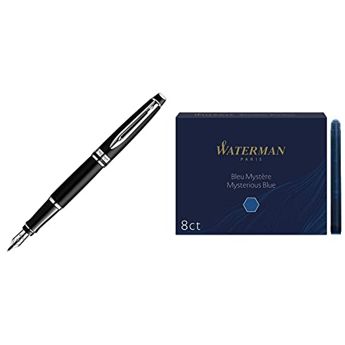 Waterman Expert Füller | Mattschwarz mit Chromzierteile | Füllfederhalter Mittlere Spitze | Geschenkbox & Tintenpatrone Standard Packung mit 8 Stück Mysterious, blau von Waterman