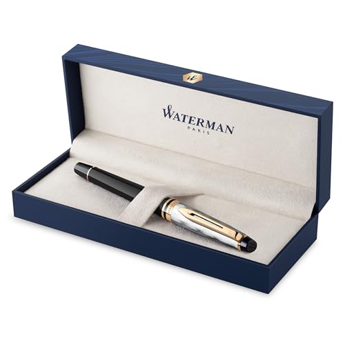 Waterman Expert Füller | Metall und schwarzer Lack mit goldenen Zierteilen, ziselisierte Kappe | Füllfederhalter mit feiner Edelstahl Feder | Geschenkbox von Waterman