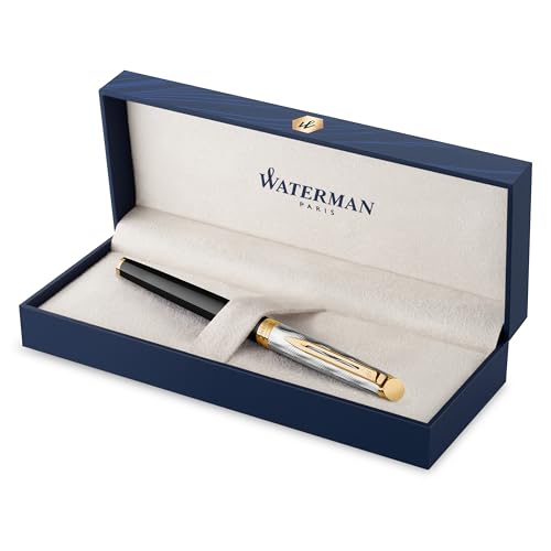 Waterman Hémisphère Füller, Metall und schwarzer Lack mit goldenen Zierteilen, ziselisierte Kappe | Füllfederhalter aus Edelstahl mit Goldüberzug und mittlerer Feder | Geschenkbox von Waterman