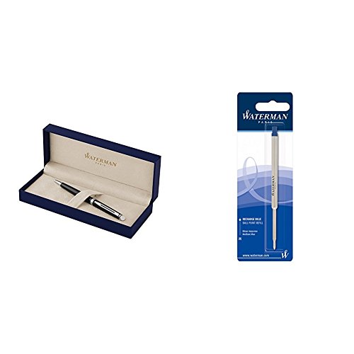 Waterman S0920570 Hémisphère Essential Kugelschreiber (in schwarzer Lackierung mit Chromverzierung) + Waterman S0944490 Kugelschreibermine (M) Tinte in blau von Waterman