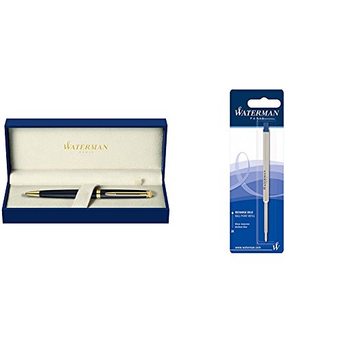 Waterman S0920770 Hemisphere Kugelschreiber (mittelstarke Feder, Ausführung schwarz mit Goldelementen) Tinte in blau + Waterman S0944490 Kugelschreibermine (M) Tinte in blau von Waterman