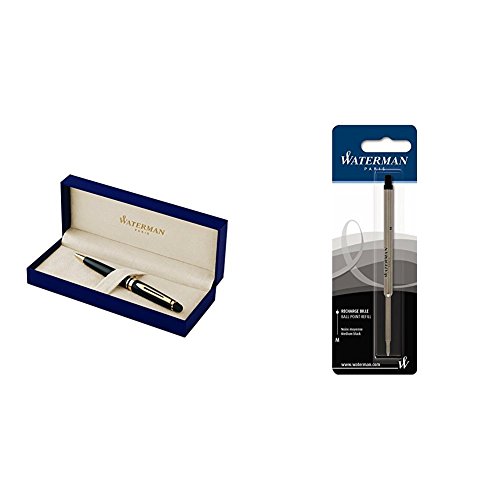 Waterman S0951700 Expert-Kugelschreiber (Strichstärke M, lackschwarz mit Goldzierteilen, blaue Tinte) + Waterman S0944480 Kugelschreibermine (M) Tinte in schwarz von Waterman