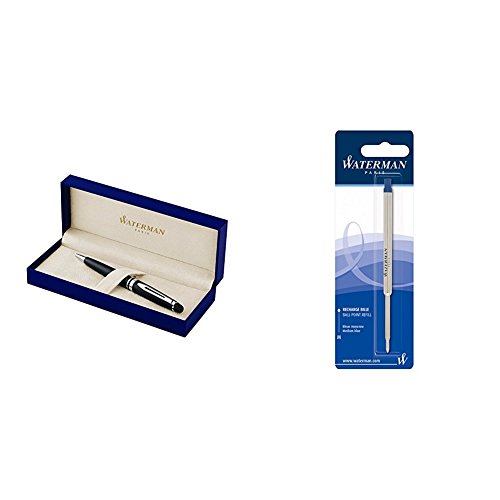 Waterman S0951900 Expert-Kugelschreiber (Strichstärke M, mattschwarz mit Palladiumzierteilen, blaue Tinte) + Waterman S0944490 Kugelschreibermine (M) Tinte in blau von Waterman