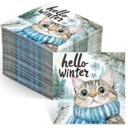 Watersay 100 Stück Winterservietten Hello Winter Schnee Katze Einweg-Servietten Winter Handpapier Gästeservietten für Weihnachten Winter Urlaub Party Küche Esszimmer Supplies Tischdekoration von Watersay