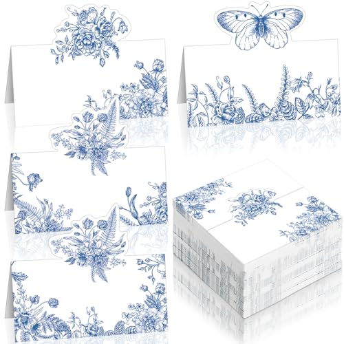 Watersay 100 Stück blaue und weiße Hochzeits-Namensschilder, Blumen-Tischkarte, Tischzeltkarten für Hochzeit, Abendessen, Buffet, Partyzubehör, Halter von Watersay