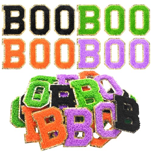 Watersay 24 Stück Halloween Boo Bügelbilder zum Aufnähen auf Chenille Buchstaben Patches Glitzer Boo Chenille Patches bestickte Applikation Patches für DIY Tuch Halloween Dekoration Handwerk (7,9 cm) von Watersay