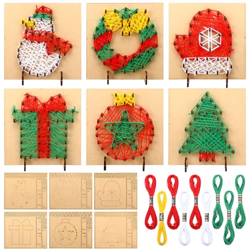 Watersay 6 Stück Weihnachts-String-Kunst-Kits, DIY-Holzkunst, Bastelzubehör, Weihnachts-Leinwandtafeln, Tischdekoration, Weihnachtsgeschenk für Anfänger, Kinder, Teenager, Erwachsene von Watersay