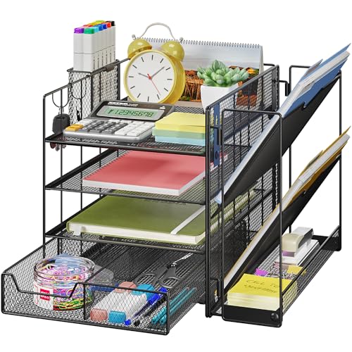 Wattne Schreibtisch-Organizer mit Aktenhalter, 4-Ebenen Papier-Briefablage Büro Organizer mit Schublade und Stifthalter, Mesh Desktop Organizer & Hängende Wandordner-Halter für Büro Zuhause Bedarf von Wattne