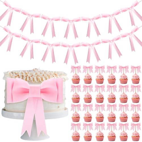 Wavwavw 26 Stück rosa Geburtstagsdekorationen rosa Schleife Geburtstag Party Supplies Rosa Schleife Girlande Banner Schleife Kuchen Topper Schleife Cupcake Topper für Kokette Junggesellinnenabschied von Wavwavw