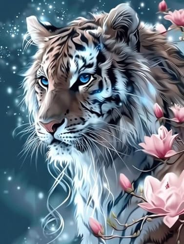 5D Diamond Painting Tiger Diamond Painting Erwachsene DIY Blume Diamond Painting Set, Diamond-Painting Kinder Anfänger Stickerei Kreuzstich Basteln Painting für Wand Zimmer Deko, Geschenk 30x40cm -4n von Waxonle