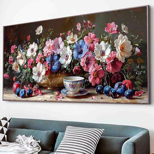 Diamond Painting Blume Diamant Painting Bilder Set, Tasse Diamanten Malerei Kinder DIY 5D Kristall Strass Stickerei Kreuzstich Bastelset Erwachsene Anfänger Schlafzimmer Deko Geschenk 60x120cm -15rX von Waxonle